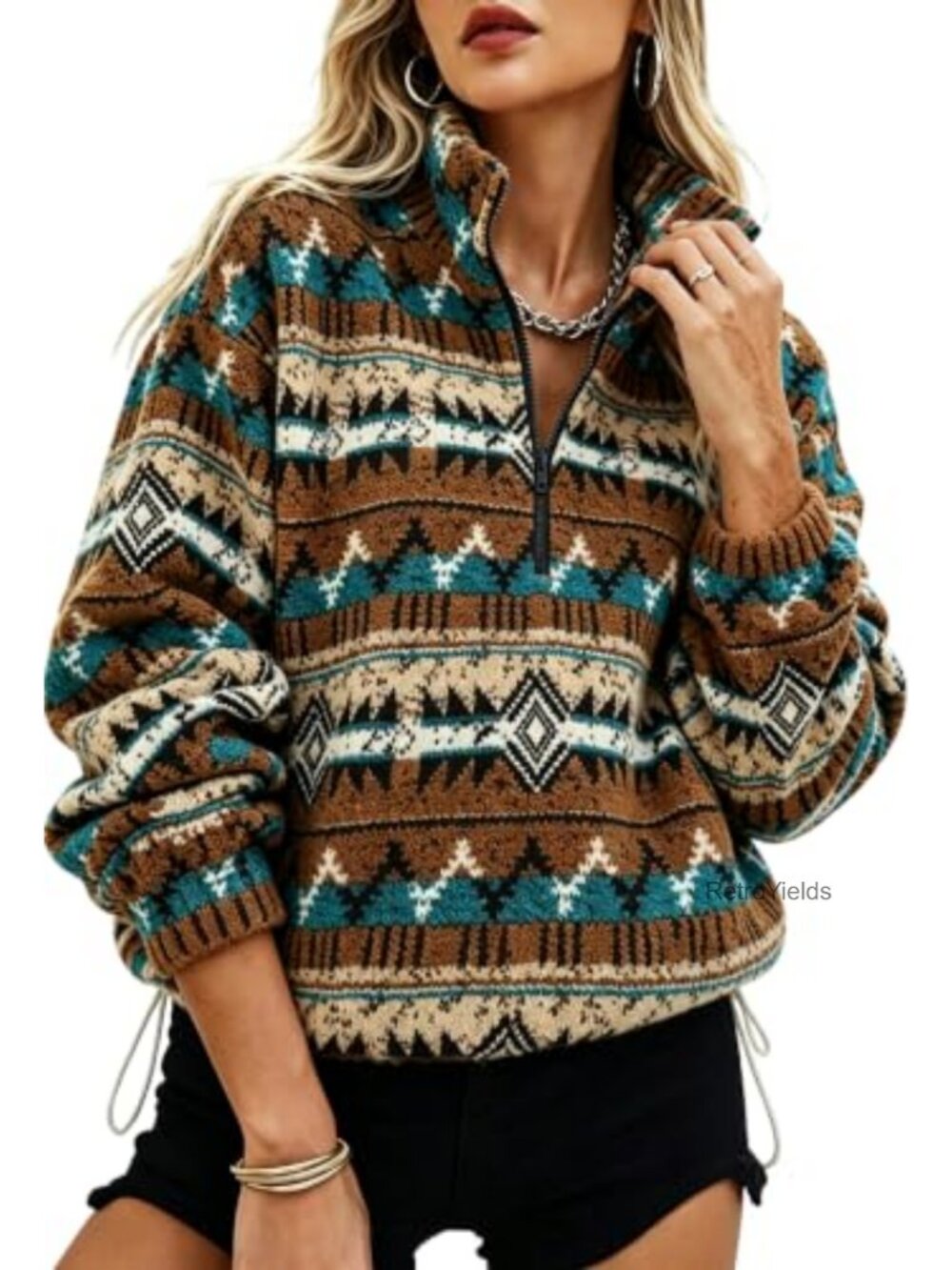 Womens Aztec Sherpa Fleece Cropped Half Zip Sweatshirt Pullover